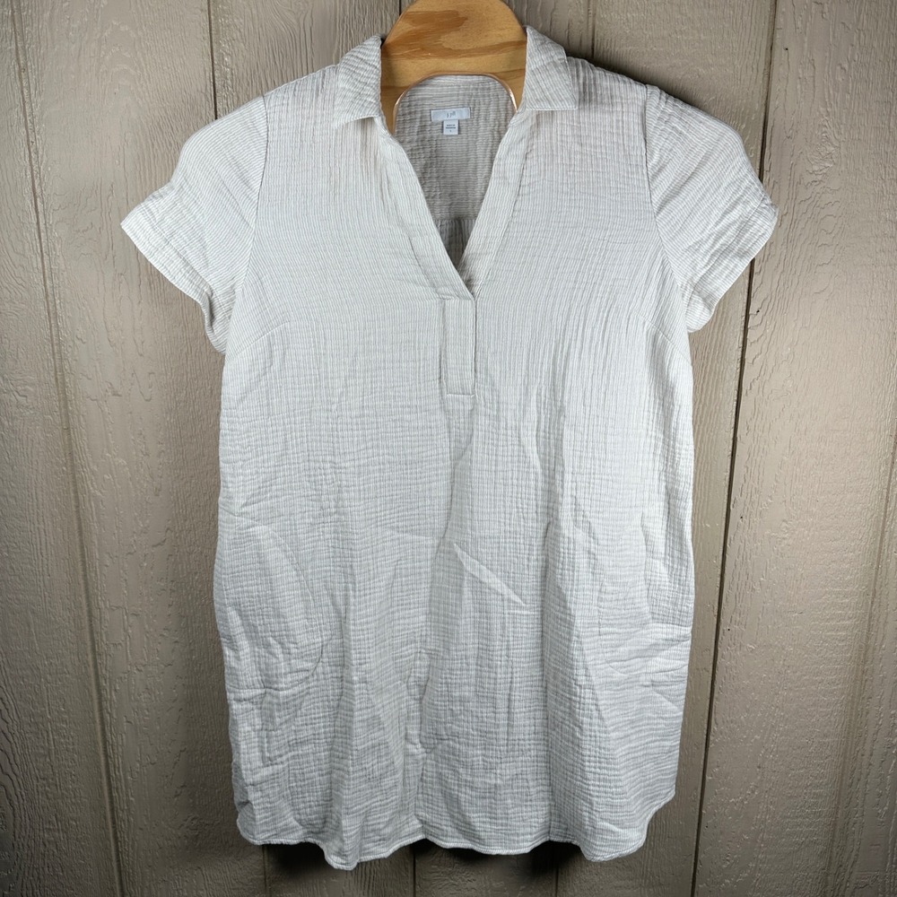J. Jill Shirt Dress Sz Large White Tan Striped Cotton Gauze V-Neck Short Sleeve